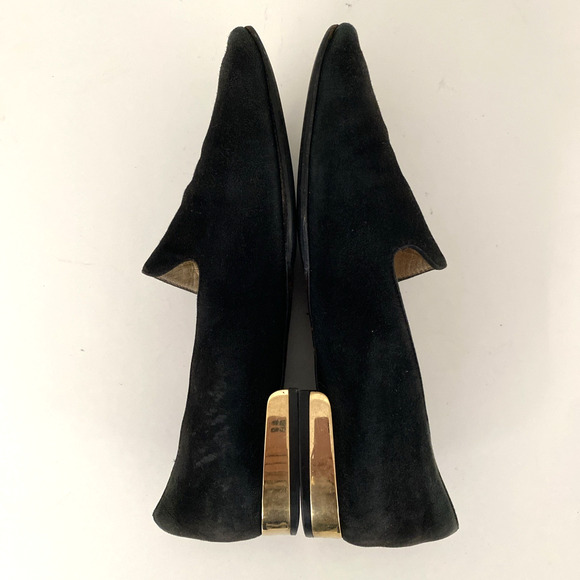 Jimmy Choo Jaida Black Suede Square Toe Smoking Slipper Flat Gold Heel 36 5.5 - Picture 12 of 16
